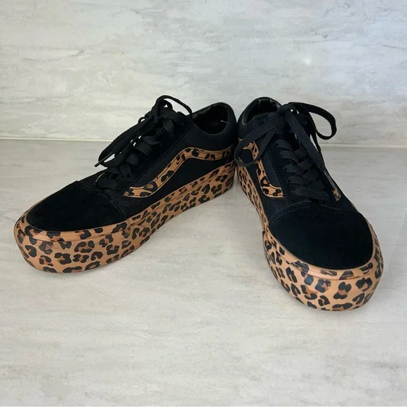 Vans Black and Leopard Print Platform Sneakers - Picture 7 of 8